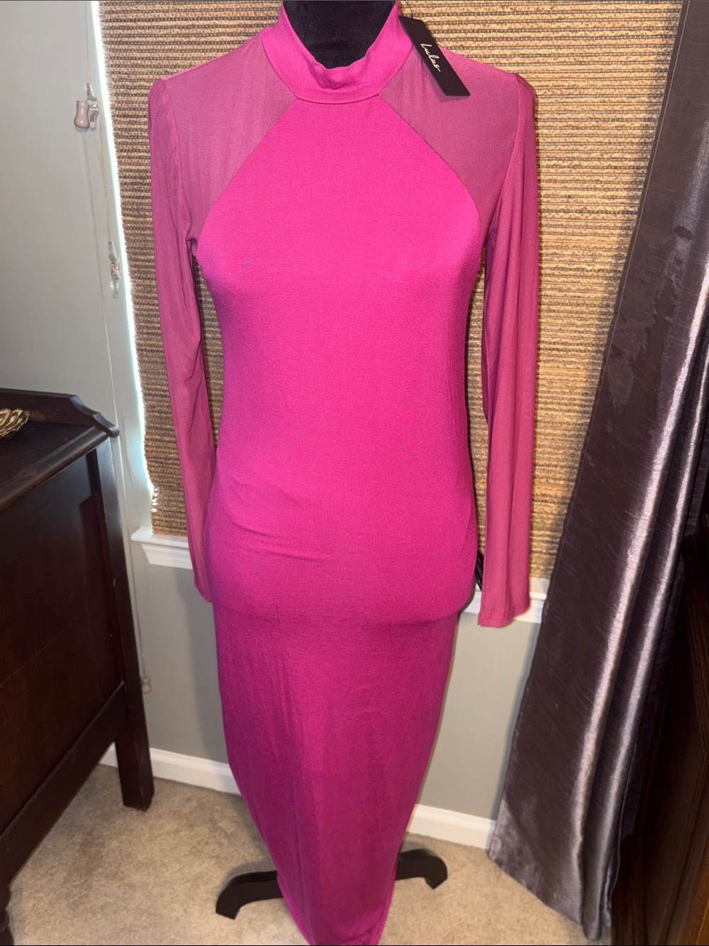 Lulu's Two-Tone Fitted Long-Sleeve Maxi Dress in Hot Pink and Berry